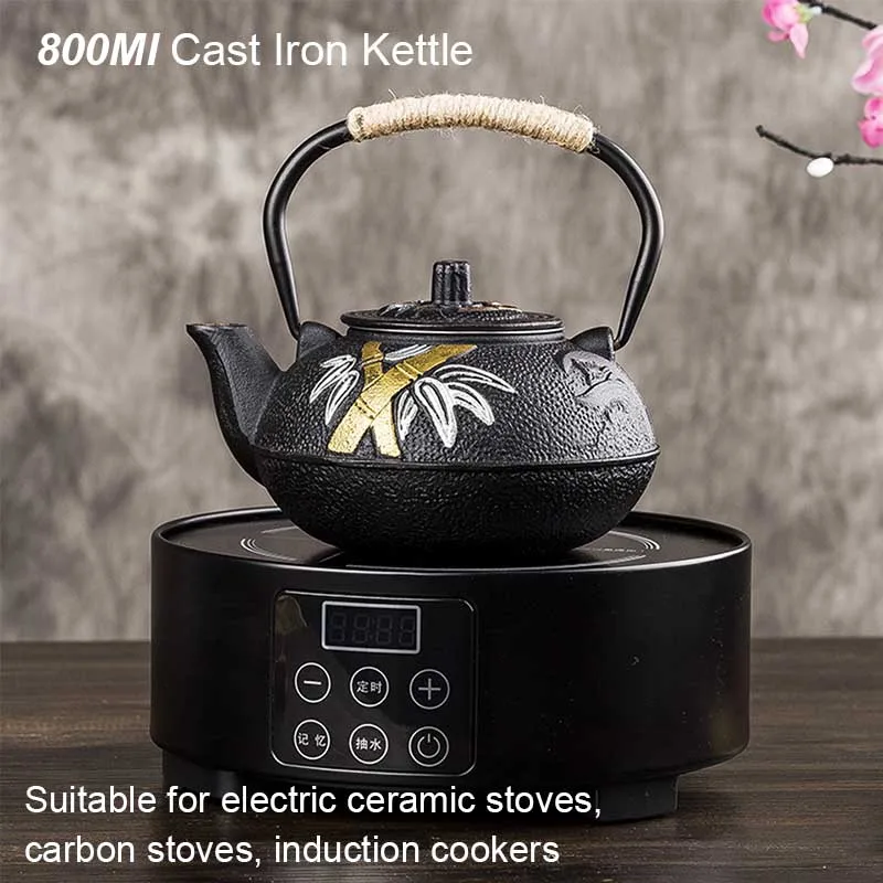 Cast Iron Teapot - 800ML Plum and Bamboo Painted Brewing