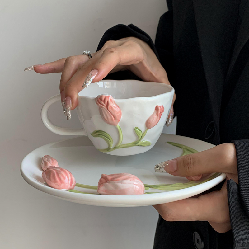 Coffee Tea Flower - Tulip Ceramic Mug Embossed Flower Pattern