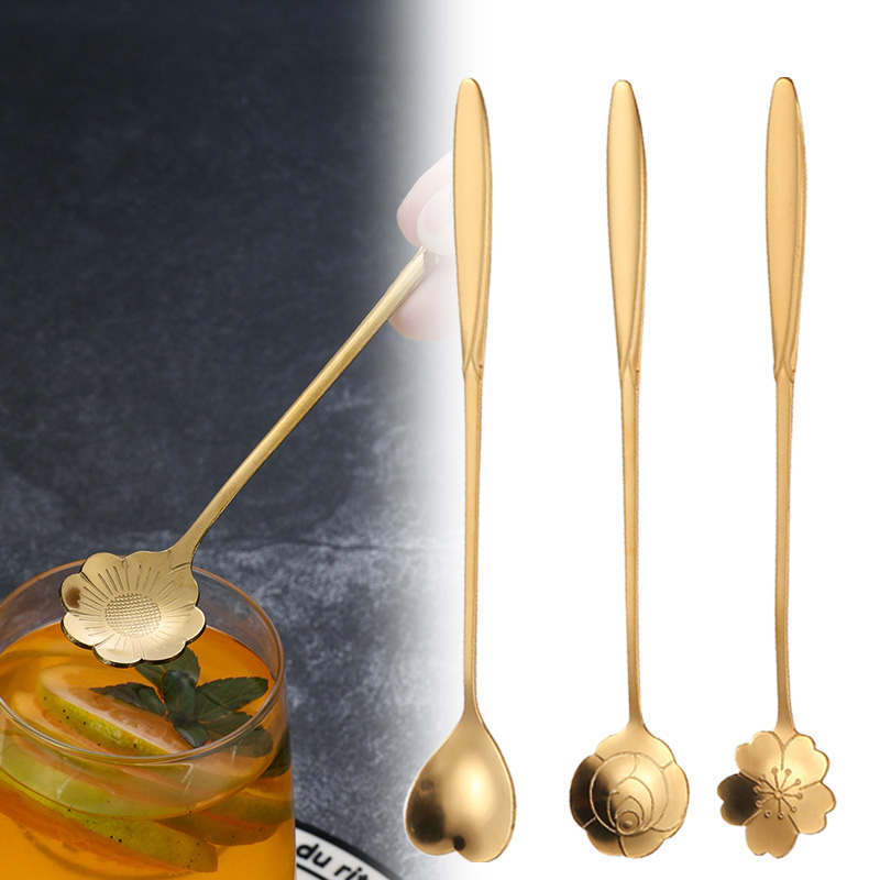 Coffee Tea Flower - Stainless Steel Cherry Rose Flower Gold