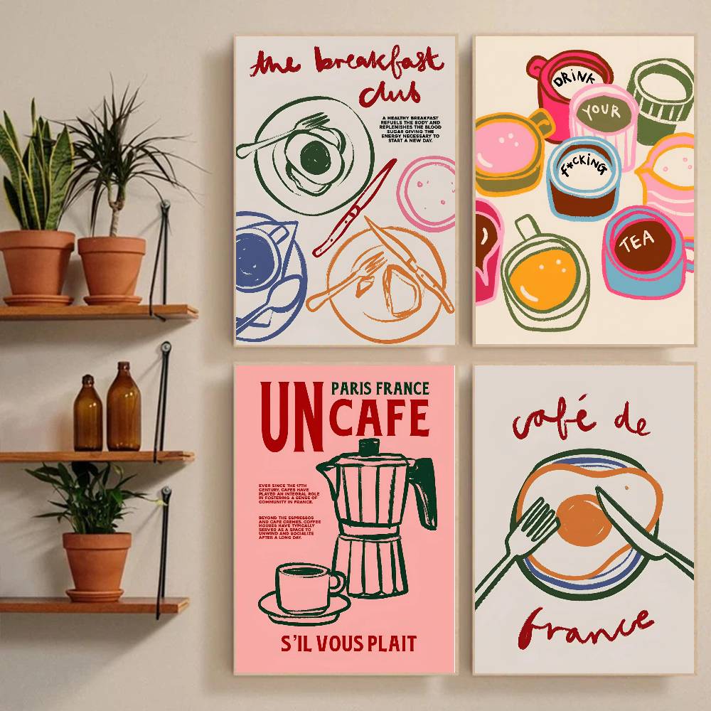 Coffee Tea Cups - Coffee Shop Afternoon Tea Croissant Colorful